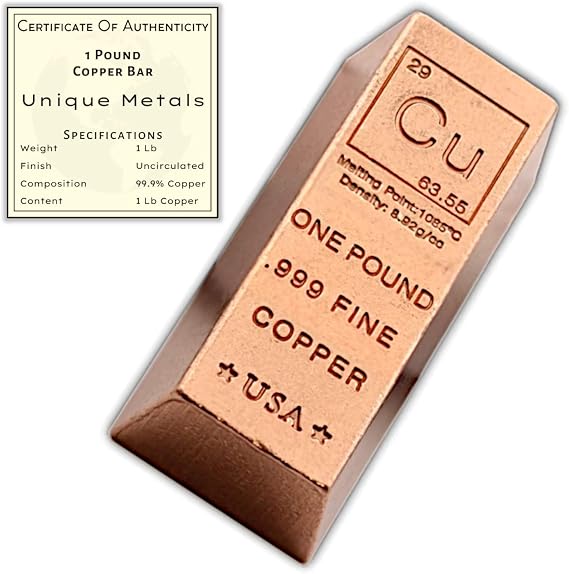 1 Pound Copper Bar Ingot Paperweight - .999 Pure Copper Bar Bullion Chemistry Element Design with Certificate of Authenticity by Unique Metals