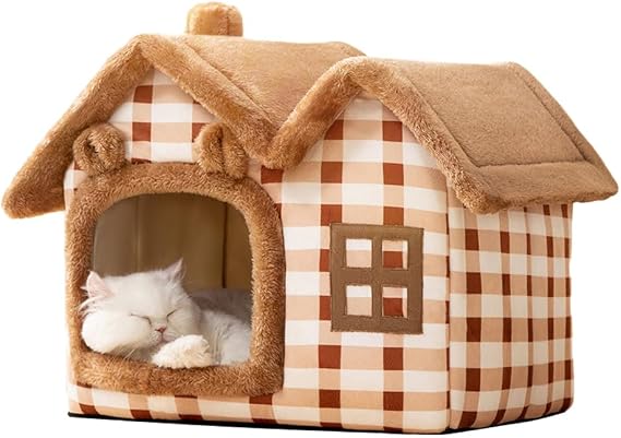 Cute Bear Pet Nest Luxury Double Roof Indoor Dog House Winter Cat Nest Foldable Warm Soft Kennel Cozy Cat House with Removable Cushion Pillow and Non-Slip Bottom