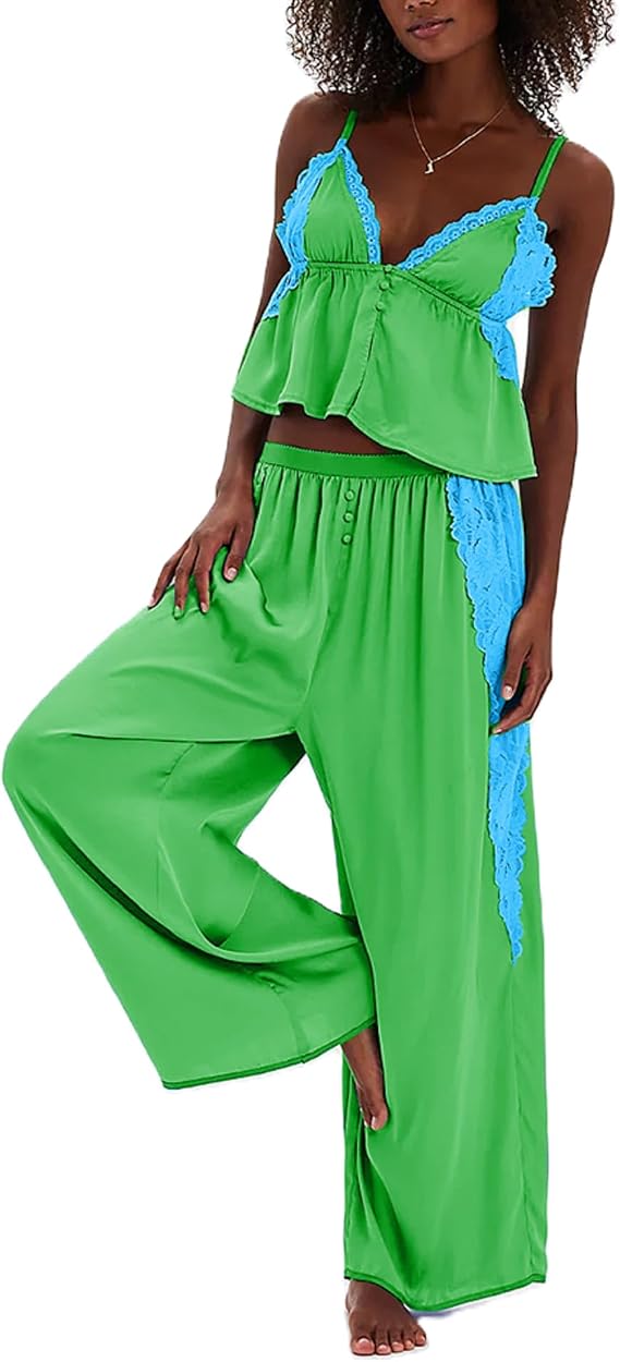 Yoawdats Women Silk Lace Pajama Set Sexy V Neck Lace Trim Cami Top and Pants Satin Sleepwear Y2k 2 Piece Silky Pjs Loungewear