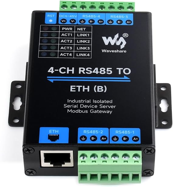waveshare 4-Ch RS485 to RJ45 Ethernet Serial Server, 4 Channels RS485 Independent Operation, Bi-Directional Transparent Transmission, Modbus Gateway, Common Network Port