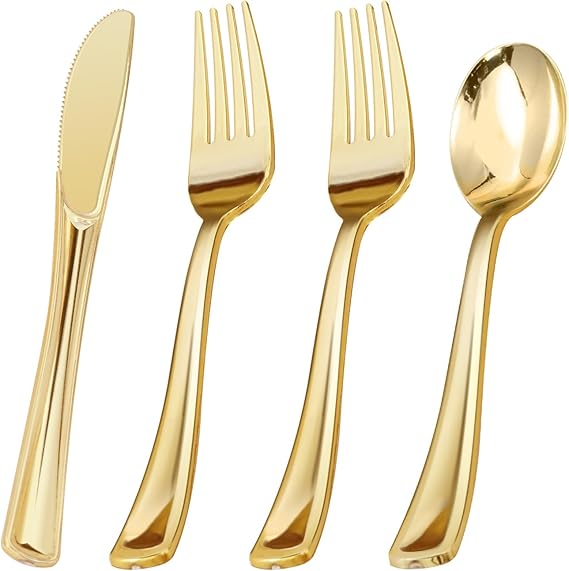 BESTVIP 60PCS Gold Heavy Duty Plastic Silverware Disposable Cutlery Set | Includes 30 Forks, 15 Spoons, 15 Knives, Ideal for Party, Christmas, Wedding, Catering and Daily Use