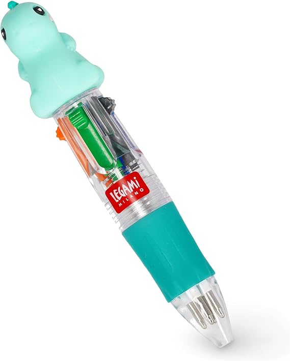 Legami - Mini Magic Rainbow, 4-color ballpoint pen, green, blue, orange, black, tip 1 mm, ergonomic silicone handle, diameter 2.3 cm, height 10 cm, dinosaur