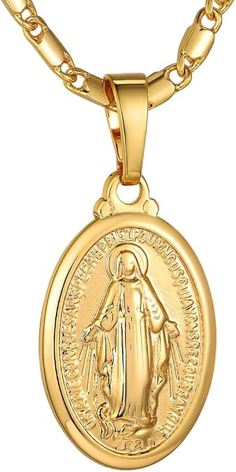 GoldChic Jewelry Oval Miraculous Medal Necklace, Our Lady of Graces Pendant with Filigree Border, Virgin Mary Religious Jewellery for Women Men