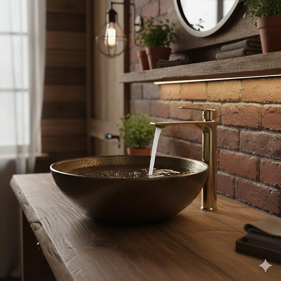 Premium Yüksek Tip Çanak Lavabo Bataryası | 32 cm Boyut | Modern Tasarım Banyo Lavabo Bataryası (Gold)