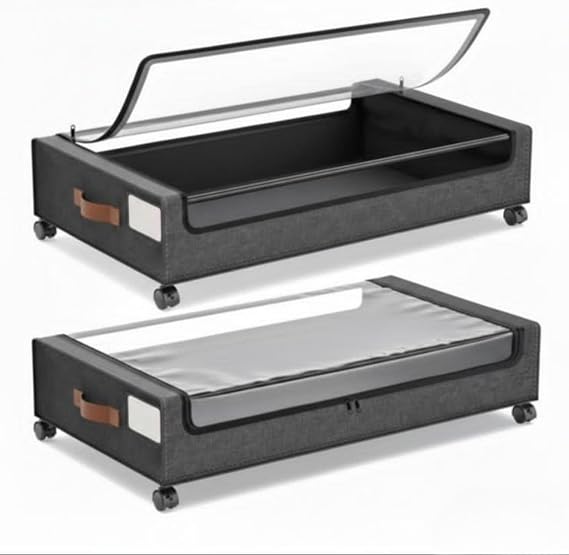 Under Bed Storage Box with Wheels, 2 Pack, Grey Fabric Rolling Storage with Clear Window, Zippered Underbed Storage for Clothes, Shoes and Bedding