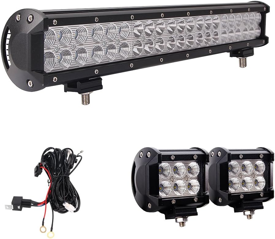 20 Inch 126W Waterproof Spot Flood Combo LED Light Bar with 2PCS 18W Flood LED Work Lights and 12V 40A Wiring Harness for Off Road, Truck, Car, ATV, SUV, Jeeps