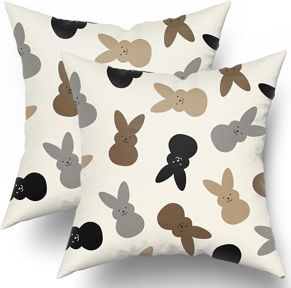 Spring Easter Pillow Covers 16x16 Set of 2 Brown Coffee Grey Bunny Rabbit Holiday Decorative Throw Pillows Easter Decorations Pillowcase Cotton Square Cushion Cover Decor for Home Couch Bed Soft