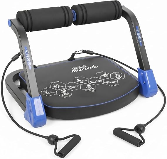 Ab Machine, Sit Up Exercise Equipment with 4 Adjustable Resistance Levels, Automatic Rebound Core Trainer with 2 Resistance Bands, Foldable Abdominal