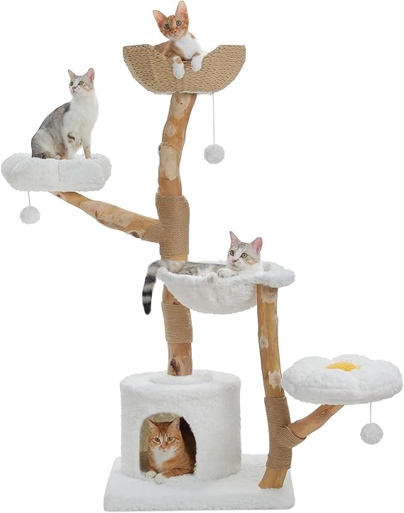 PAWZ Road 150cm Wood Cat Tree, Modern Cat Tower for Large Cats, White | Natural Solid Wood Scratching Post, Large Wicker Basket & Hammock, Luxury Condo and Dual Flower Perches, Multi-Cat Households