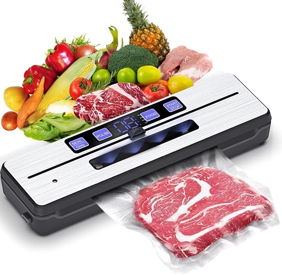 Vacuum Sealer Machine, Powerful Pro Food Sealer Compact Design Food Preservation System High-Speed with Dry/Moist/Moist+/Soft Mode, Starter Kit 15 Bags & Accessory Hose & Bulit-in Cutter