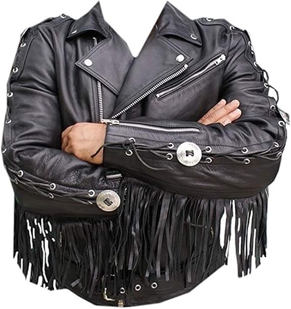Classyak Western Native American Style Biker Fringed Jacket Cowhide Leather