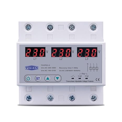 Three Phase Voltmeter Adjustable Over and Under Voltage Protector 3 Phase Automatic Recovery Protective Device Reset 63A 380V