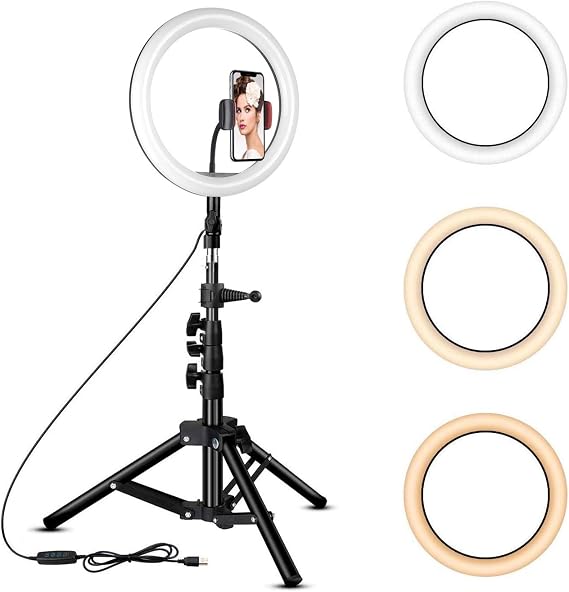 10 inch Ring Light with Tripod Stand - Rovtop LED Camera Selfie Light Ring with iPhone Tripod and Phone Holder for Video Photography Makeup Live Streaming, Compatible with iPhone and Android Phone