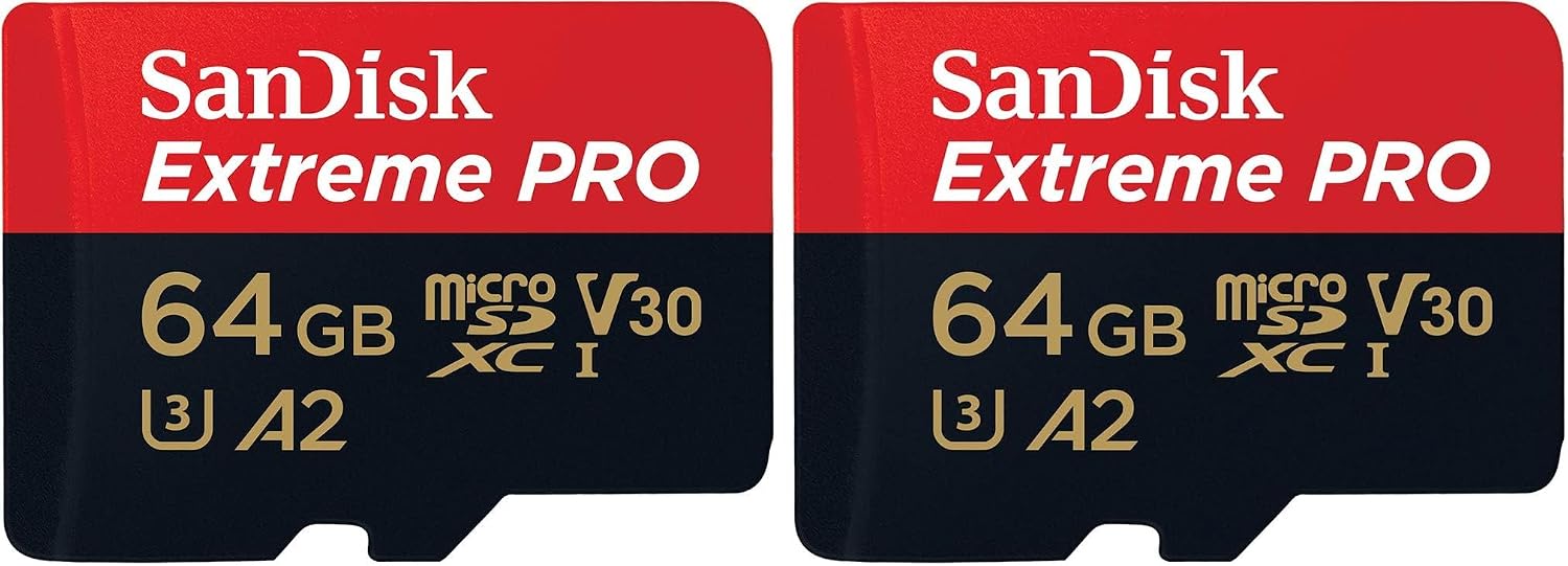 SanDisk 64GB Extreme PRO microSDXC card + SD adapter + RescuePro Deluxe, up to 200MB/s, with A2 App Performance, UHS-I, Class 10, U3, V30 (Pack of 2)