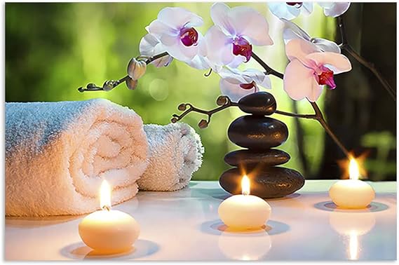 HPUXSYIO Canvas Print Wall Art Massage Stones, Candles & Orchid Flowers Floral Botanical Photography Realism Wall Decor for Living Room, Bedroom, Office (Unframed - Canvas only,12x18inch)
