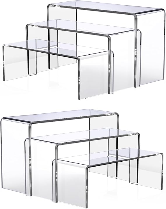 Acrylic Display Risers, 6Pcs 3-Tier Clear Rectangular Stand ﻿ ﻿ | tiered shelves, cupcake dessert platform, product risers, clear rectangular show stands, jewelry collectible display