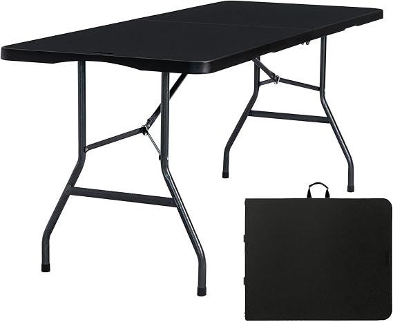6ft Plastic Folding Table, Fold-in-Half Portable Utility Table Heavy Duty Portable w/Handle, for Indoor Outdoor,Picnic, Party, Camping (Black, 6ft)