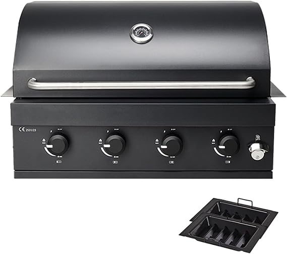 4-Burner Built-In Gas Grill, 30 Inch Super large barbecue area with 48,000 BTUs, Dual Fuel Charcoal & Gas Compatibility,Outdoor Kitchen Temperature Gauge