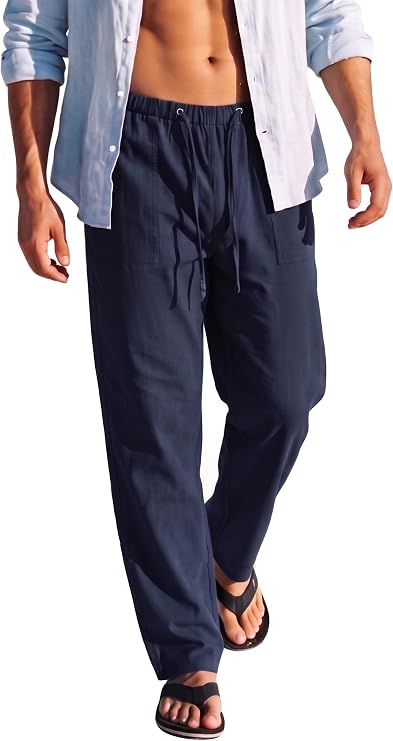 perdontoo Mens Casual Cotton Linen Pants Elastic Waist Drawstring Straight Summer Beach Trousers