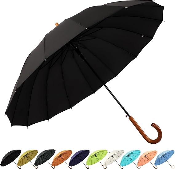 SoulRain 16 Ribs 48" Stick Umbrella Auto Open Solid Color Fashionable and Simple,Arc Classic Wood Handle,Windproof Unbreakable Stick Rain Umbrella