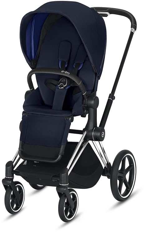 Cybex Priam 3 Complete Stroller, One-Hand Compact Fold, Reversible Seat, Smooth Ride All-Wheel Suspension, Extra Storage, Adjustable Leg Rest, Indigo Blue with Chrome/Black Frame