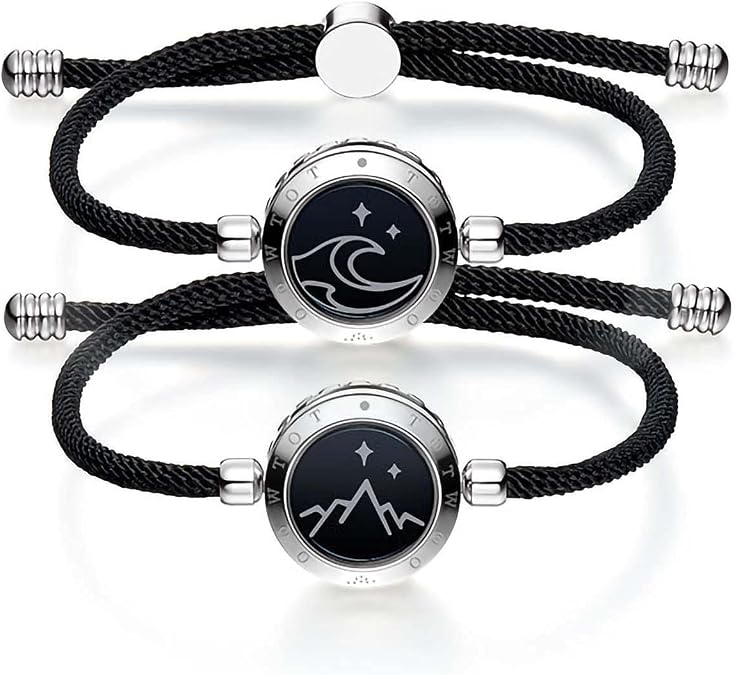 Couple Smart Bracelet Long-Distance Touch Bluetooth Connection Love Bracelet Women and Men Jewelry Set (2 Pieces), Black