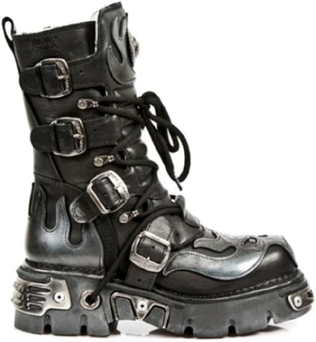 New Rock Unisex 107-S2 Silver Metallic Skull Devil Goth Punk Leather Calf Boots
