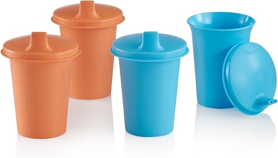 Tupperware Bell Tumblers and Sipper Seal Set, 4 Count Sippy Cups in Blue & Orange, Dishwasher Safe and BPA Free (4 Tumblers, 4 Lids, 7 fl oz each)