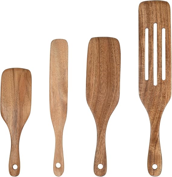 Spurtle Set,Wooden Utensil Set,Wooden Kitchen Utensils Set of 4,Wood Spoon for Sourdough Starter and Jar Cookware