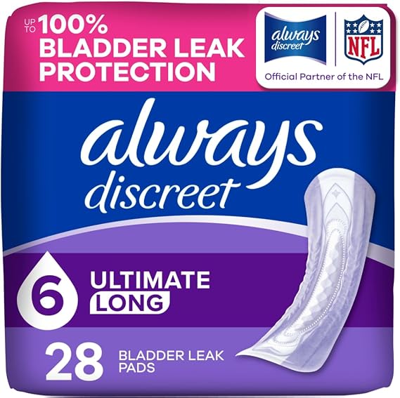 Always Discreet Adult Incontinence Pads for Women, Ultimate Absorbency, Long Length, Postpartum Pads, Up to 100% Bladder Leak Protection, 28 Count