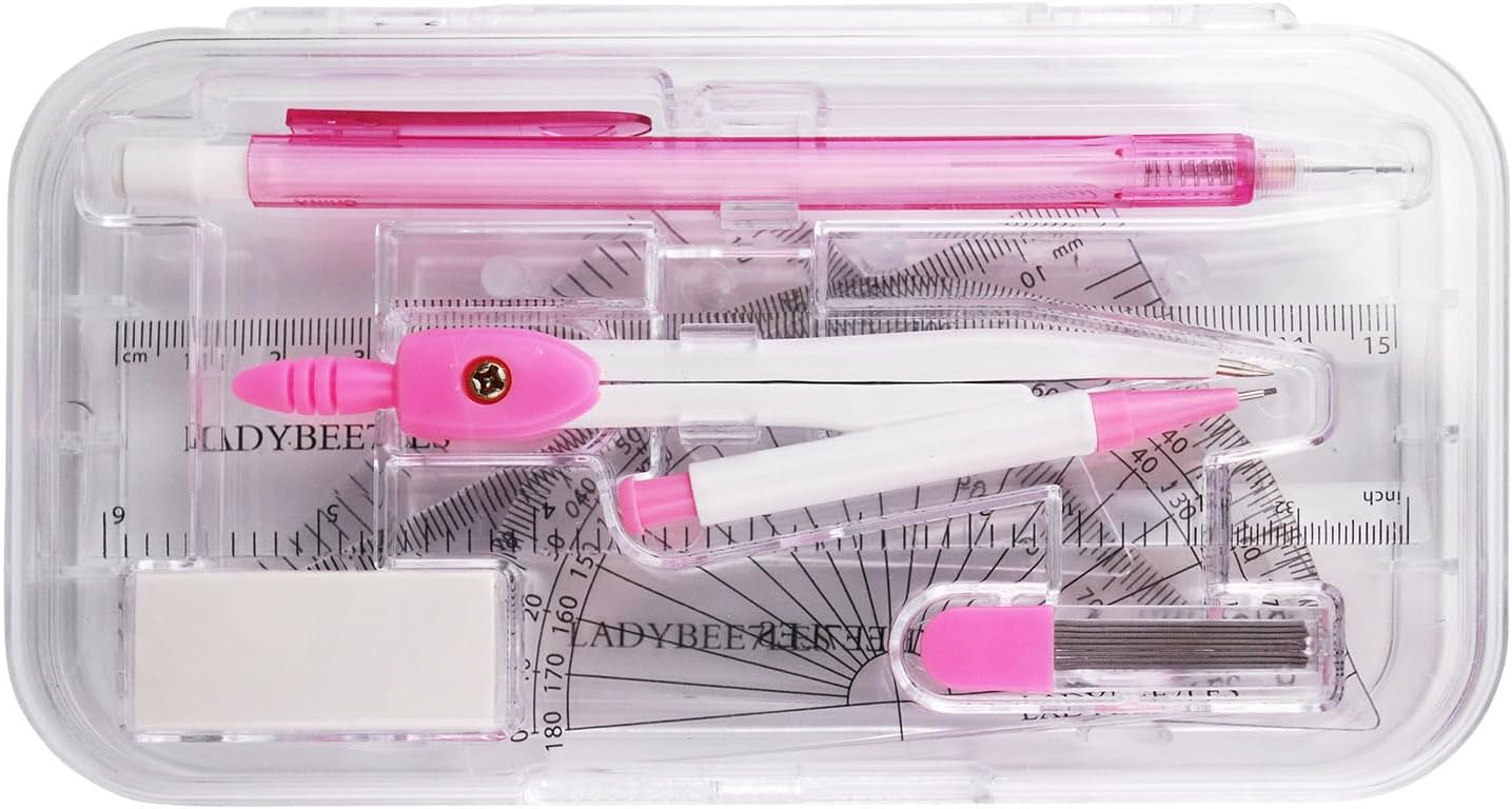 9-Piece Set Back-to-School kit, Packed in a Reusable Plastic Box,Two Triangles, a Protractor, a 15-Centimeter Ruler, a Compass, a Mechanical Pencil with Extra Lead, and an Eraser