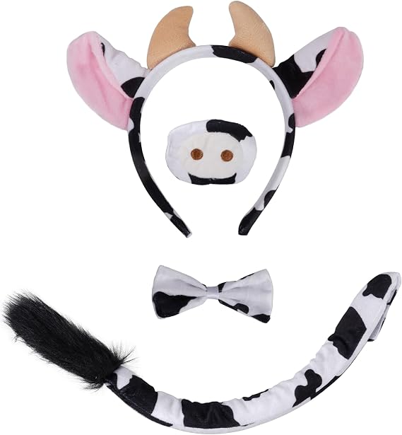 Jmkcoz 4 Pieces Animal Cow Costume Set Cow Ears Headband Tail Nose Bowtie for Halloween Dress Up Cosplay Party