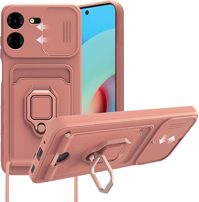 Compatible with Tecno Pova 5 Pro Case Silicone with Camera Lens Protection Black,for Tecno Pova 5 Pro Phone Case with Standing and Card Holder Function Shockproof Protective Cover Pink