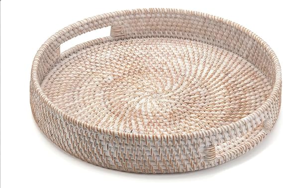 Handmade Round Rattan Wicker Serving Tray with Handles (Whitewash, 30 cms)