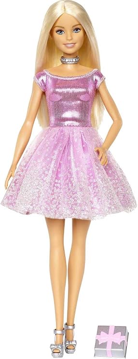 Barbie Happy Birthday Doll, Blonde, Wearing Sparkling Pink Party Dress with Present, Gift for 3 to 7 Year Olds, GDJ36