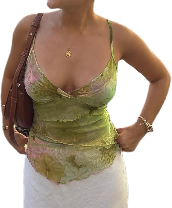 Women's Y2k Floral Cami Tops Sexy V Neck Wrap Irregular Hem Sleeveless Spaghetti Strap Tank Top