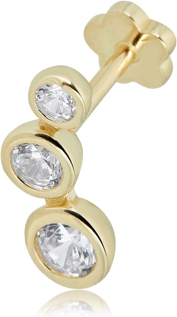 AVORA 14K Gold Graduated 3 Stone Simulated Diamond CZ Curved Bar Cartilage Piercing Flat Back Earring Body Jewelry 18 Gauge