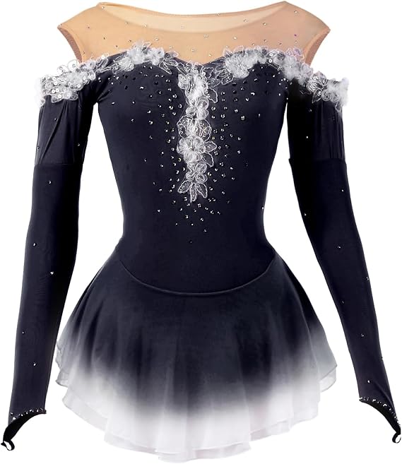 Figure Skating Dress for Girls, Women Long Sleeve Exquisite Ice Skating Competition Costume