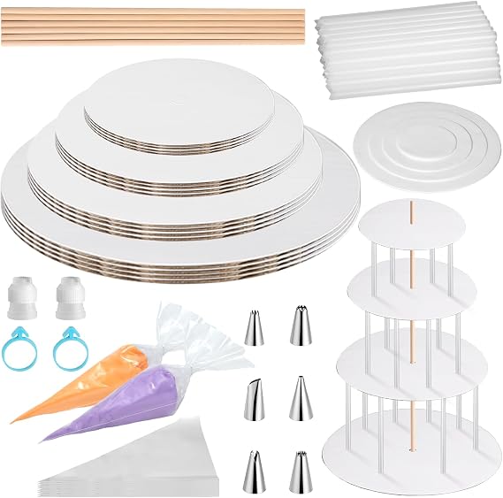 Cake Tier Stacking Kit for 4-Layer Cake, White Cake Boards 10-8-6-4