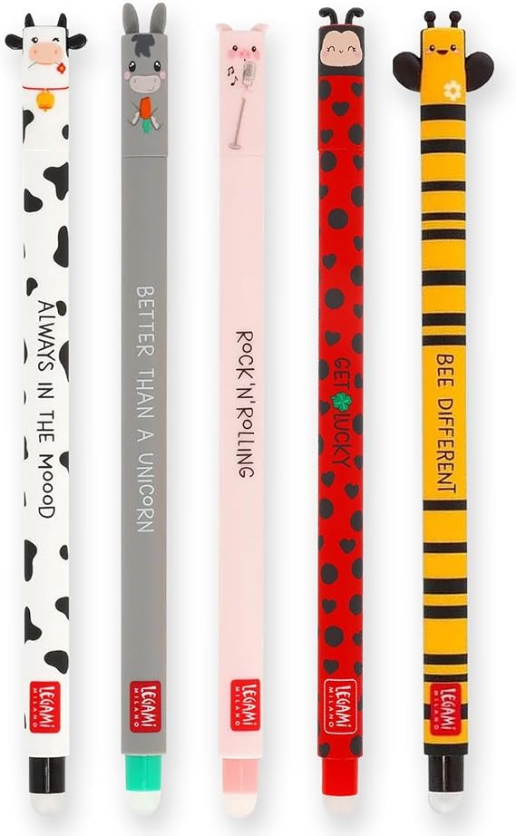 LEGAMI - Set of 5 Erasable Gel Pens with Thermosensitive Erase Ink, Range of ink colours & barrel designs, 0.7mm Tip, Lady Bug, Cow, Donkey, Pig & Bee