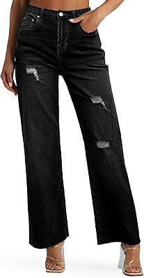 Genleck Womens Wide Leg Jeans Casual High Waisted Stretchy Jeans Straight Leg Denim Pants with Pockets