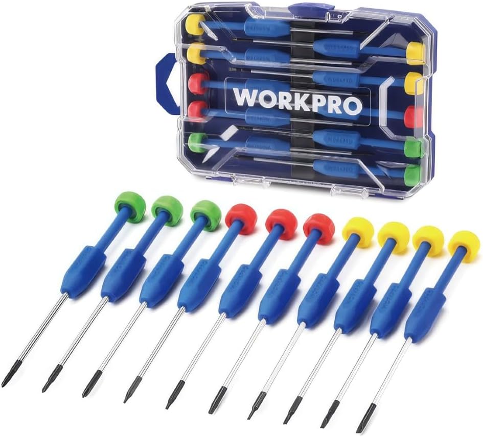 WORKPRO WP200530 Profesyonel Manyetik Hassas Tornavida Seti, CR-V Çelik, 10 Parça, PHSLTorx Uçlu, Kaymaz Saplı, Şeffaf Taşıma Kutulu