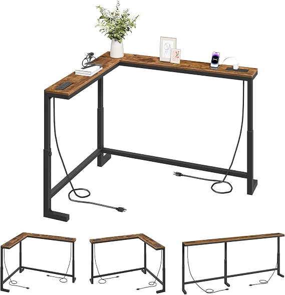 MAHANCRIS 78.7" Console Table with Adjustable Height(24.3"-32.7"), 5.9" Sofa Table Narrow Long with Outlet, L-Shaped Behind Couch Table, Narrow Long Hallway Table for Entryway, Rustic Brown CTHR820E01