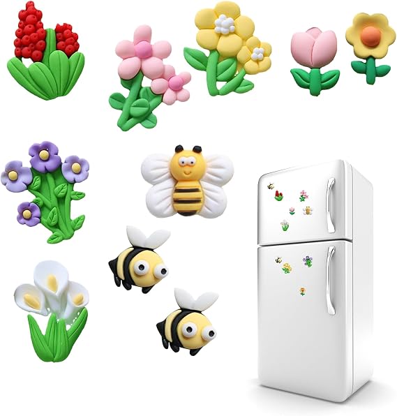 Refrigerator Magnets, Flowers and Bees Design, Set of 10 Pieces, Plastic, Decorative, for Kitchen, Office, Home (10)