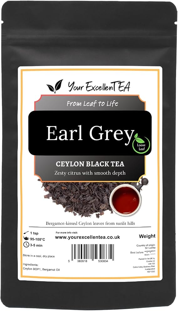 Earl Grey Loose Leaf Black Tea with Bergamot, Smooth & Citrusy, 100g | Aromatic traditional blend with bright citrus character and clean finish, packed in a resealable pouch for everyday brewing.