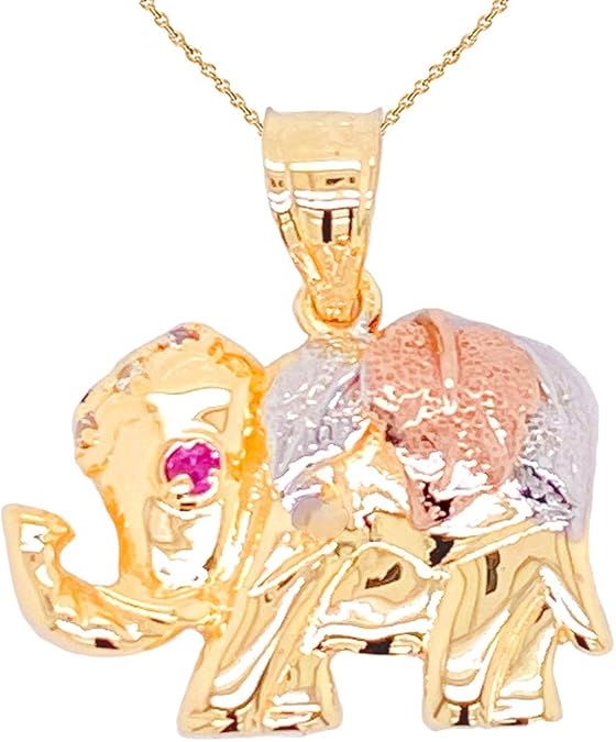 Certified 10k Gold Designer Red-Eyed CZ Elephant Pendant Necklace