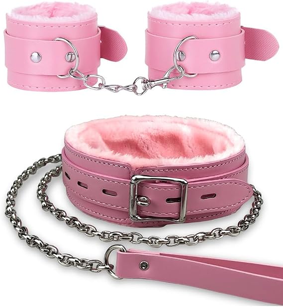 Gothic Plush Leather Collars Choker with Chain Detachable Leash Rope Small Pet Collar (Pink)