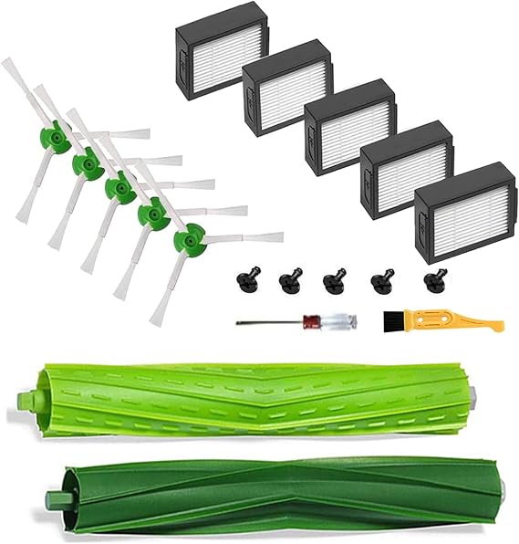 Replacement Parts for iRobot Roomba i7 i7+ i8 i8+ i1 i2 i3 i3+ i4 i4+ i6 i6+ E5 E6 E7 j6 j7 j7+/Plus E,I & J Series Robot Vacuum Accessories,1 Set Rubber Roller Brush, 5 Side Brushes & 5 HEPA Filters