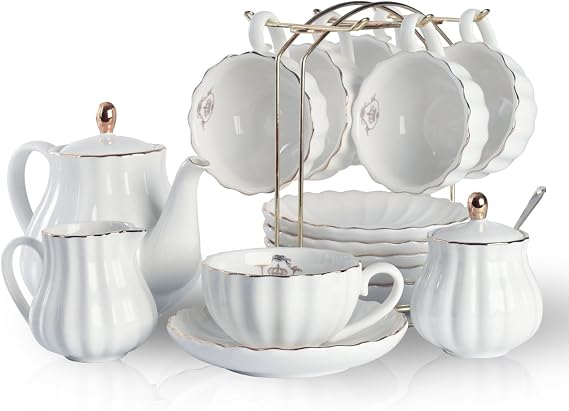 Sweejar Home Porcelain Tea Set Royal Family 225 ml to Cups and Saucers with Teapot Milk Ceramic Tea Cups (White)