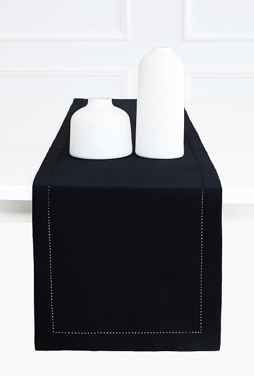 PurpleEssences Solid Hemstitch Table Runner, 14x72 in - Black